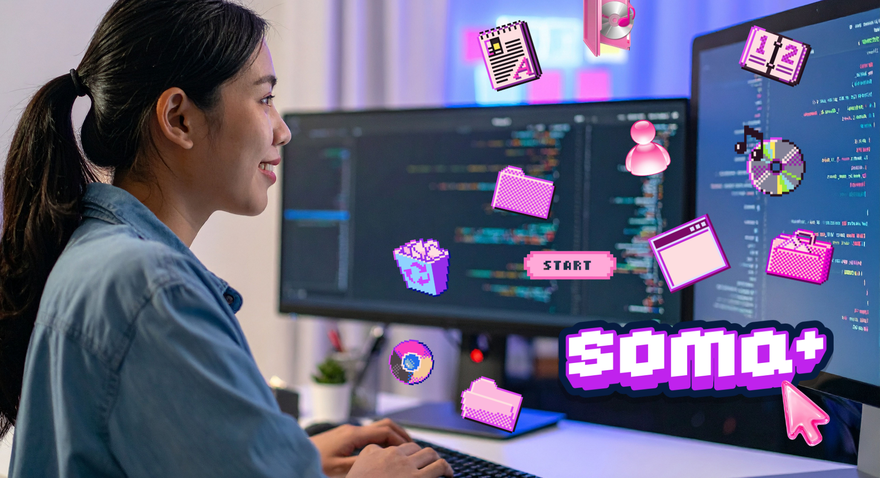 Mulher programando com ícones e o logo do SOMA+ flutuando ao redor da tela